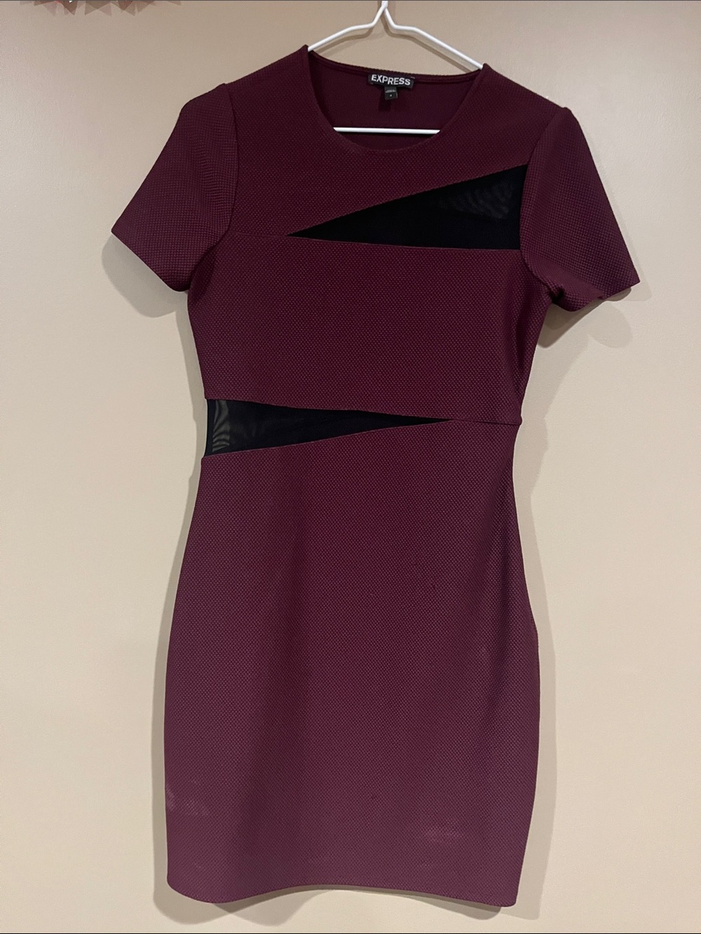 Express Plum Short Sleeve Sheath Dress with Black Mesh Cutouts